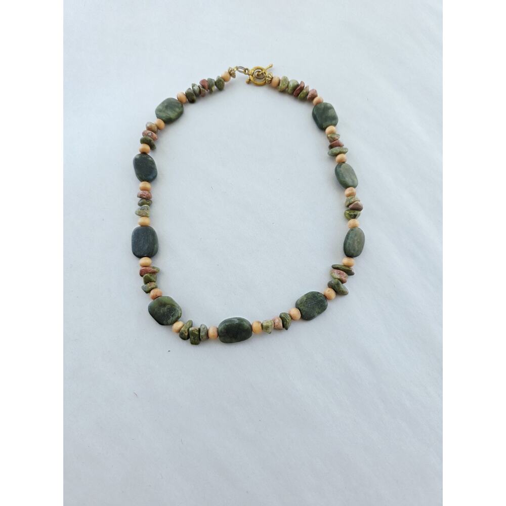 Handmade Gem Stone Beaded Artisan Necklace Nephrite & Unakite Green Choker Boho - Picture 5 of 10